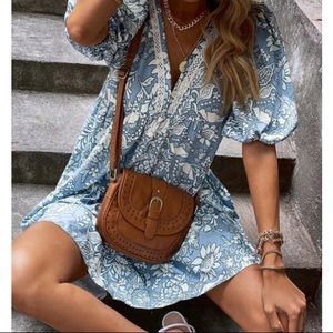 Boho floral lace contrast smock dress